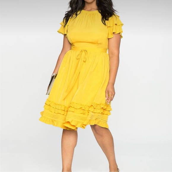 NWT Eloquii Ruffles & Pintucks Fit & Flare Dress Size 24 Golden Yellow - Picture 2 of 16